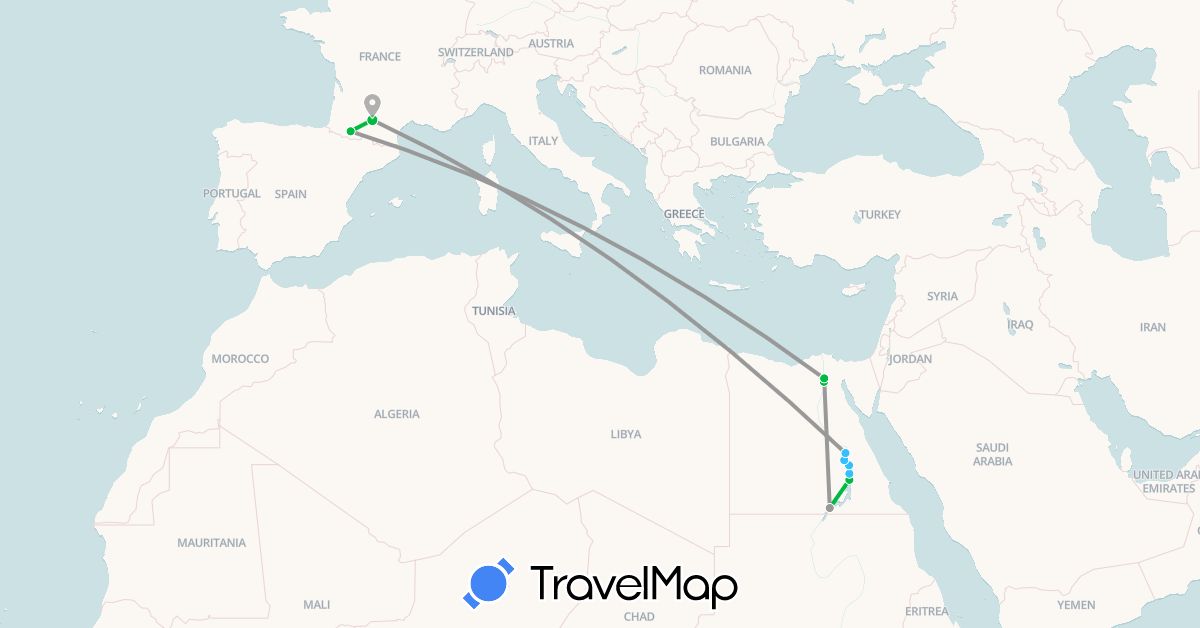 TravelMap itinerary: driving, bus, plane, boat in Egypt, France (Africa, Europe)