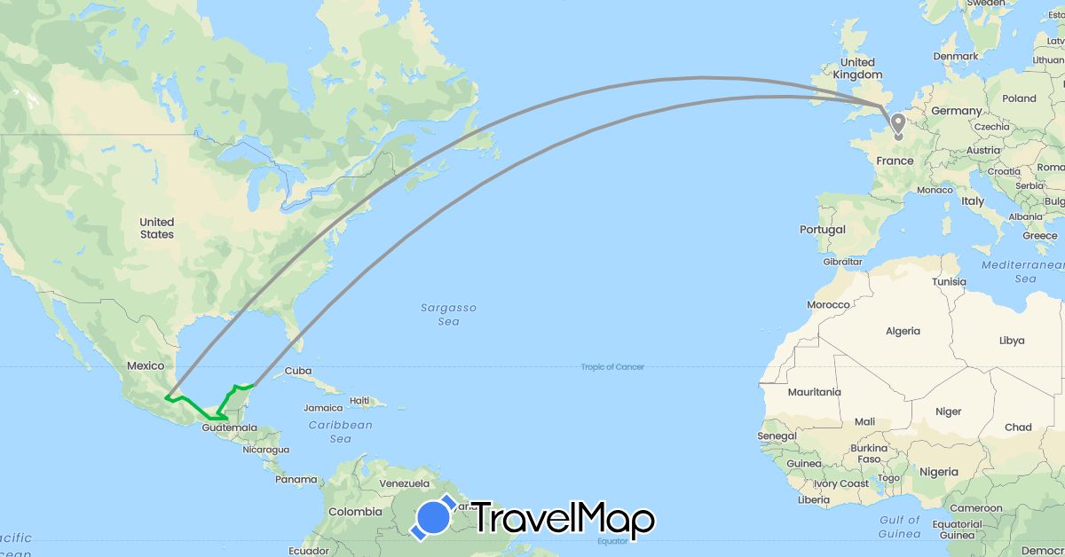 TravelMap itinerary: driving, bus, plane in France, United Kingdom, Mexico (Europe, North America)