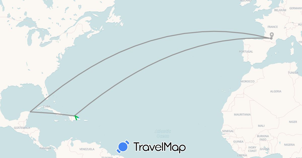 TravelMap itinerary: driving, bus, plane, boat in Dominican Republic, France, Mexico (Europe, North America)