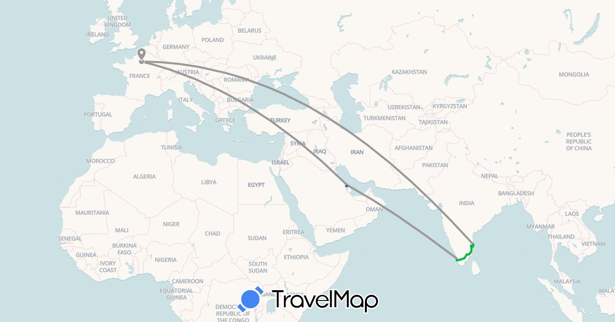 TravelMap itinerary: driving, bus, plane in Bahrain, France, India (Asia, Europe)