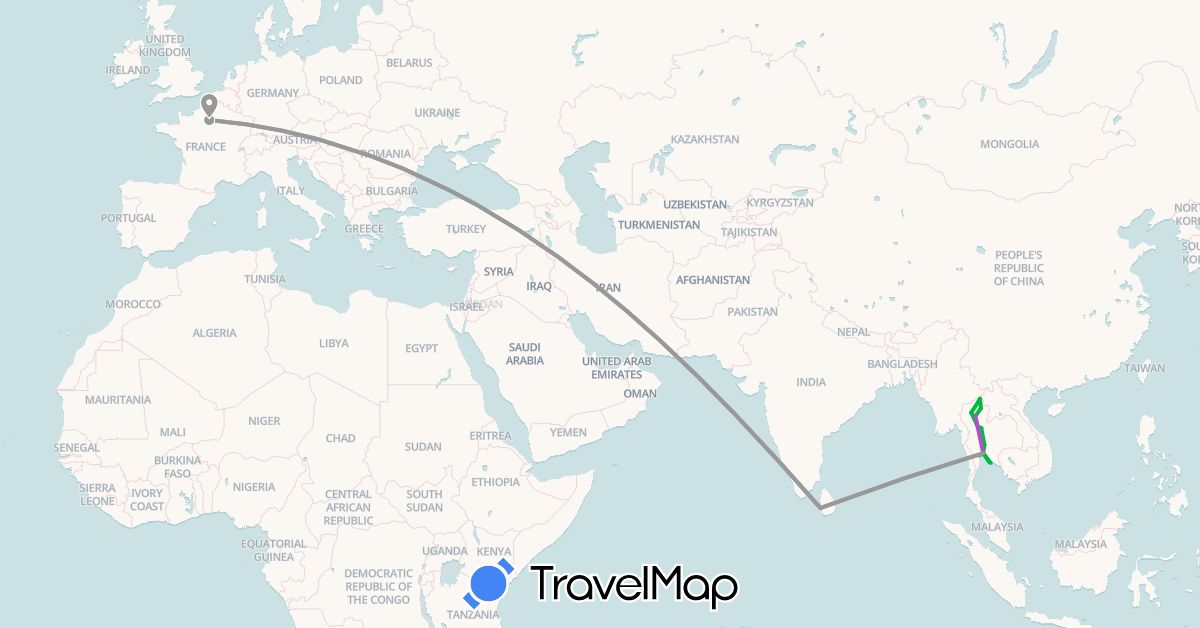 TravelMap itinerary: driving, bus, plane, train, boat in France, Sri Lanka, Thailand (Asia, Europe)