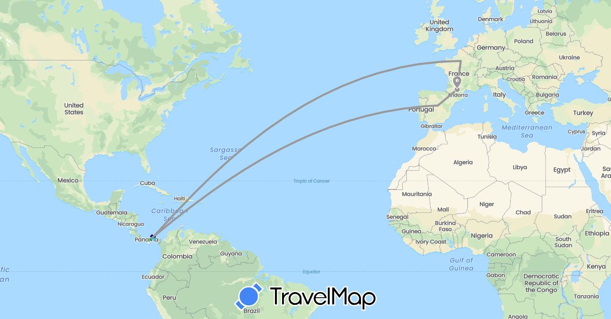 TravelMap itinerary: driving, bus, plane, boat in Spain, France, Panama (Europe, North America)